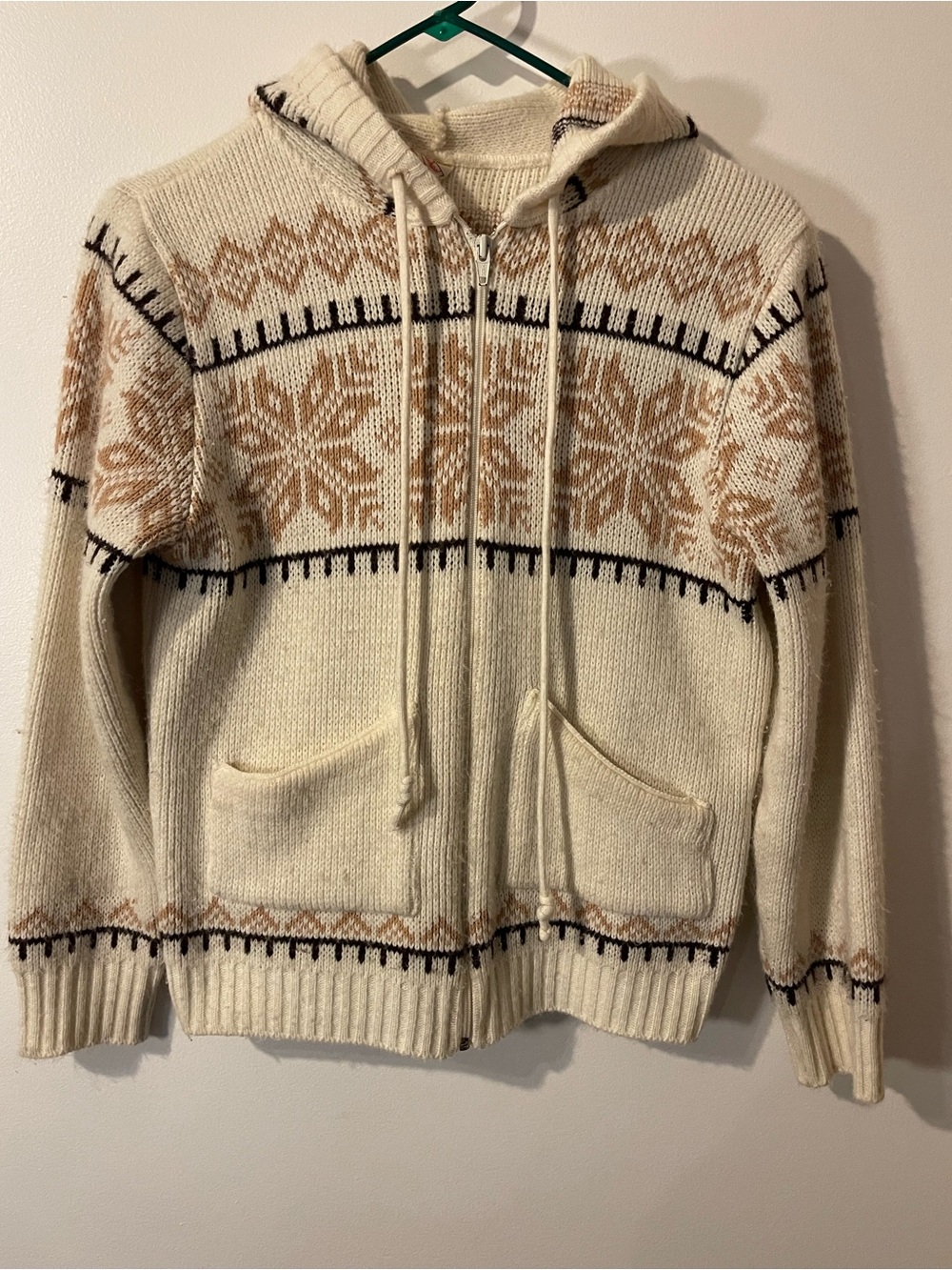 Vintage St Michael Cream Fair Isle Snowflake Hooded Knit Cardigan S 10